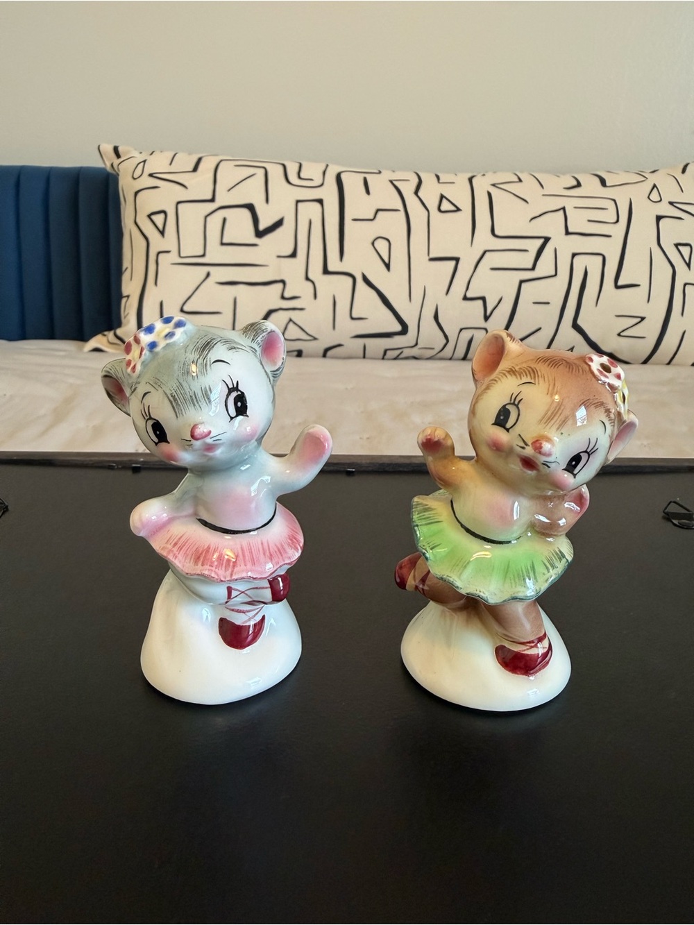 Vintage Ceramic Ballerina Cat Pair - Pink & Green